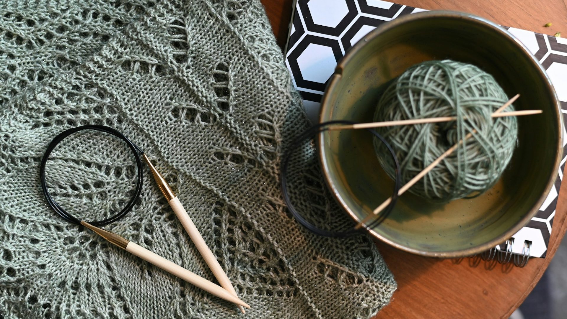 Bild på garn, stickor och pågående projekt