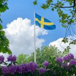 Foto på svenska flaggan omringad av växtlighet med vita moln på blå himmel