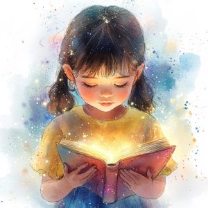 Animerad bild på ett barn som tittar i en öppen bok, det är ett ljus från boken som lyser barnet i ansiktet.