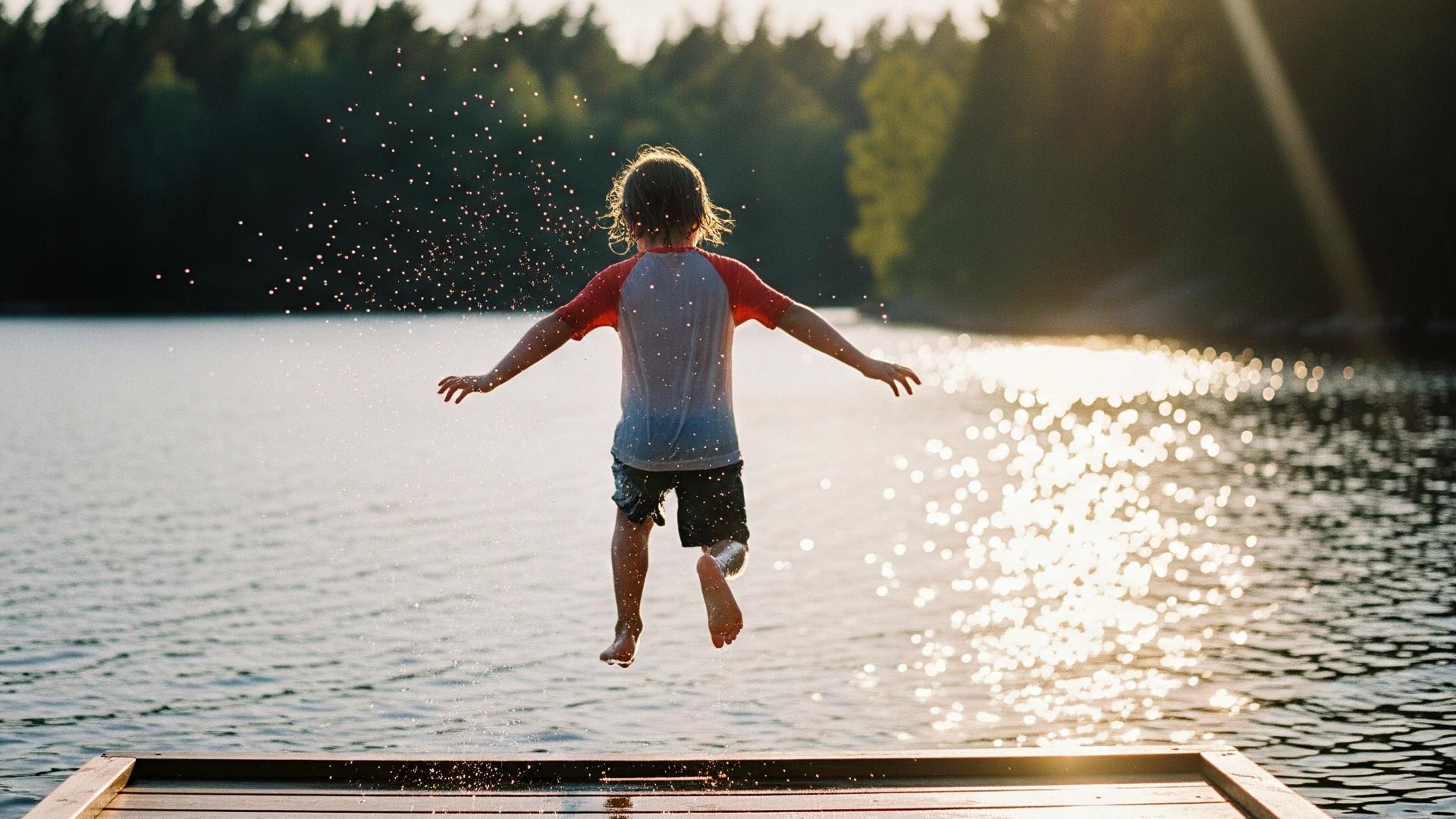 Ett barn i baddräkt som hoppar från en kaj. NPF