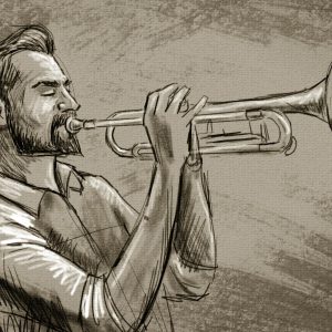 en tecknad man som spelar trumpet