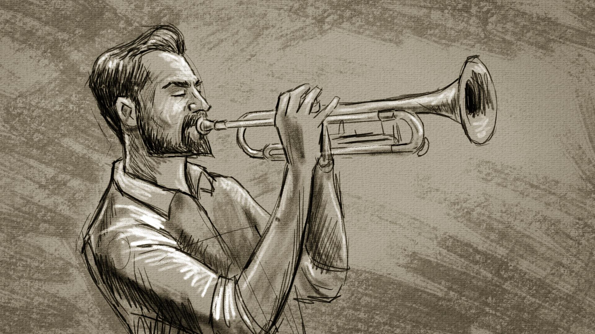 en tecknad man som spelar trumpet