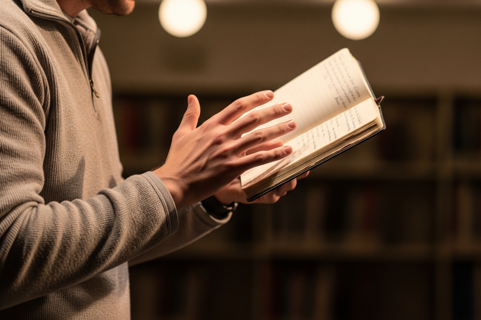 Närbild på en man som står upp och håller en anteckningsbok