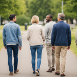 Fem personer som samtalar och promenerar i en park