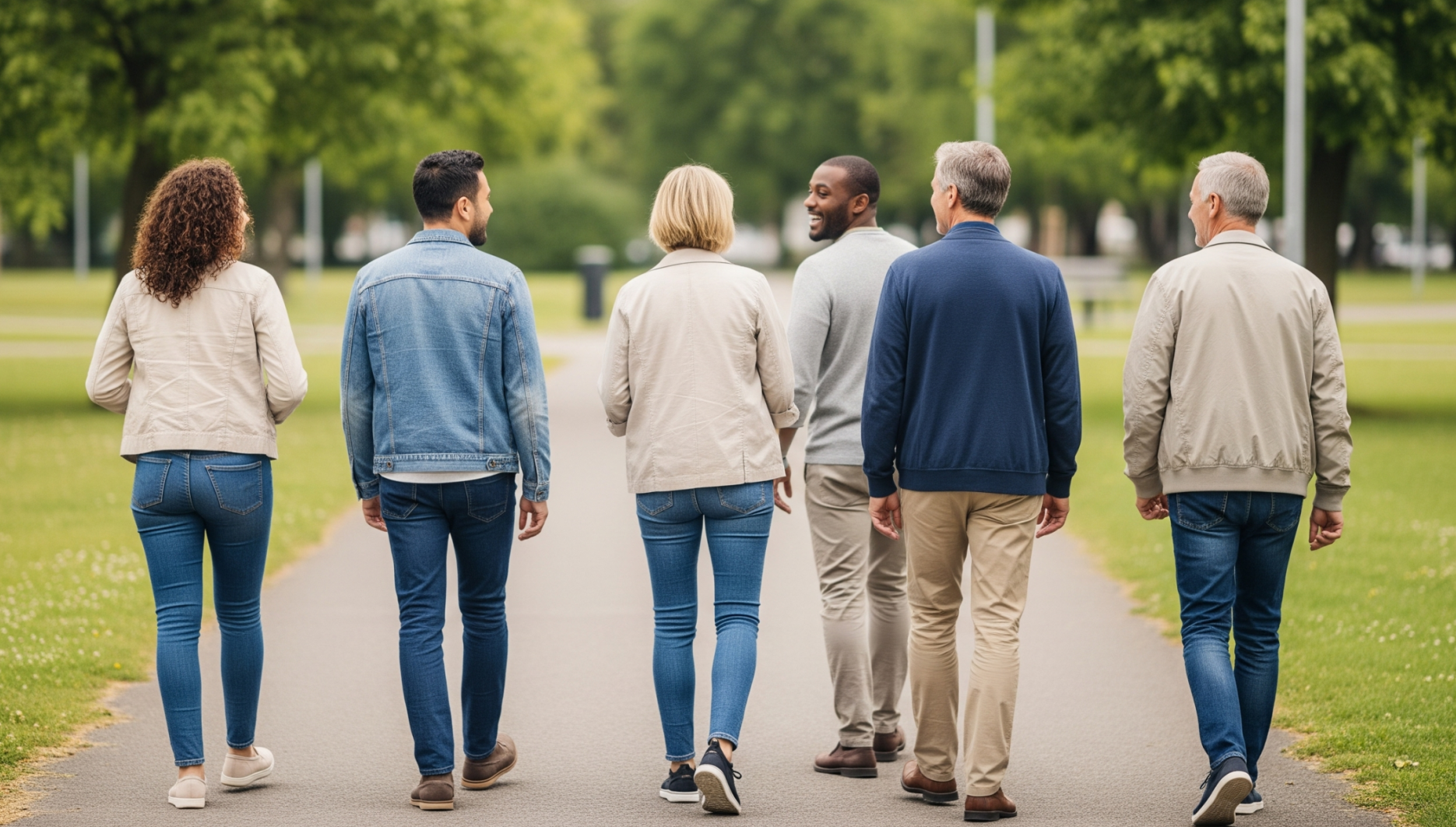 Fem personer som samtalar och promenerar i en park