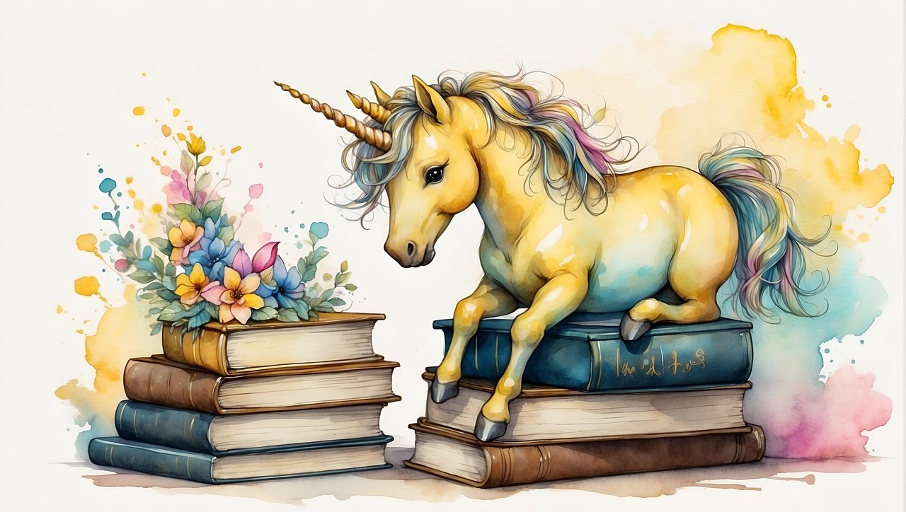 Bild av en enhörning som sitter på en hög böcker.