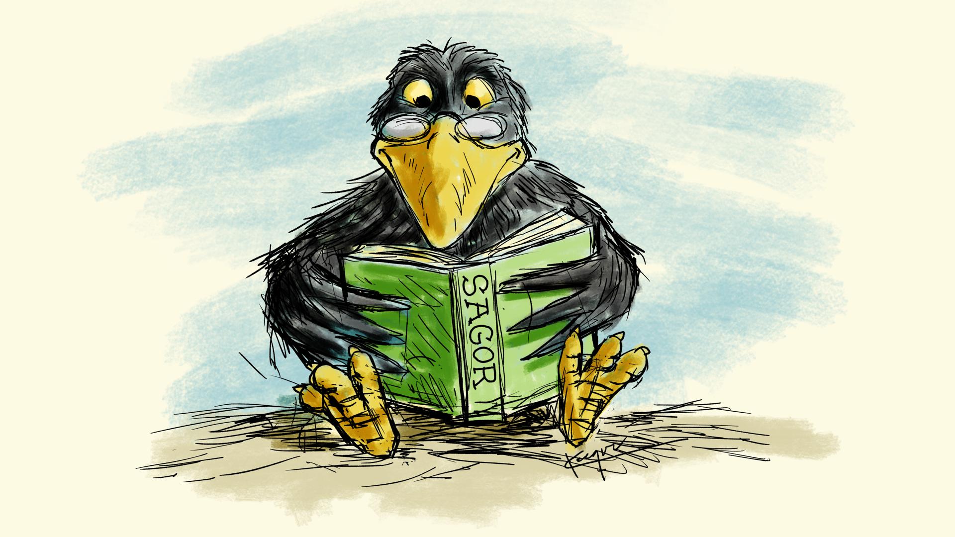 Tecknad kråka med glasögon som läser i en bok