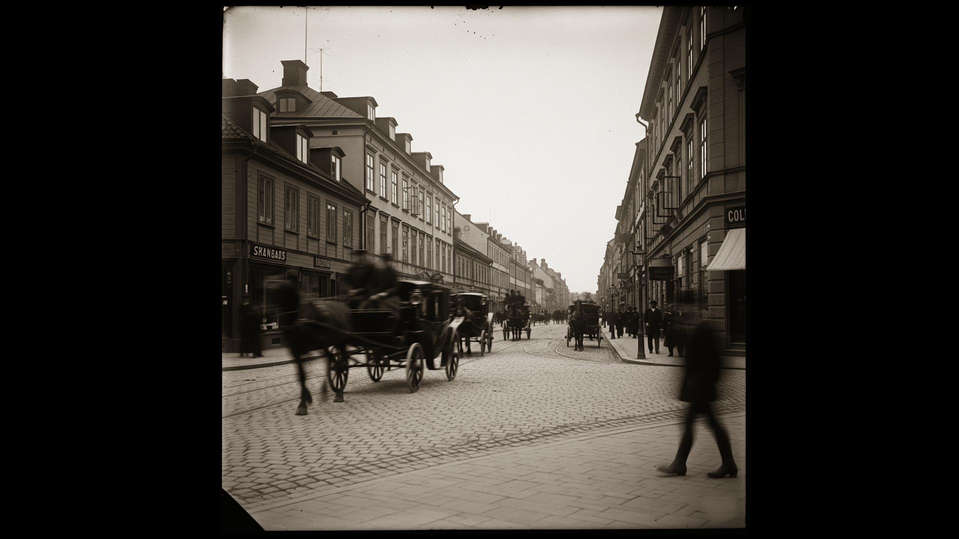 En AI-genererad bild som ska efterlikna ett fotografi av en stad med folk på gatan från början av 1900-talet.