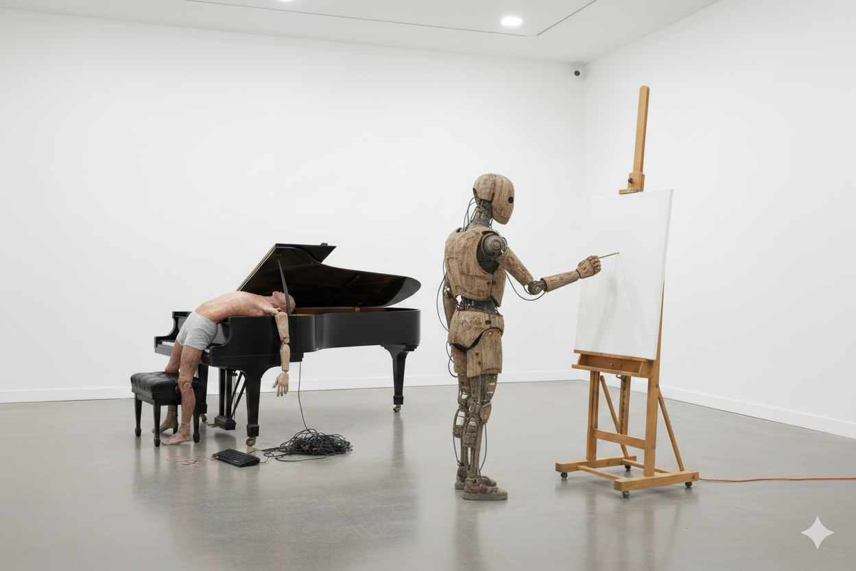 AI genererad bild på två robotar, ett piano och ett staffli Höstsalong 2025