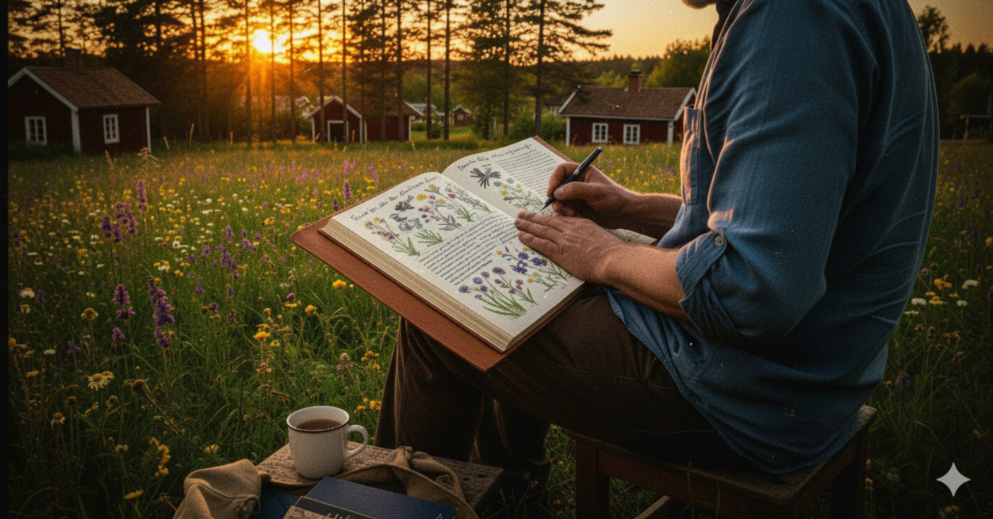 En man sitter med en bok på ängen. I bakgrunden syns röda hus med vita knutar