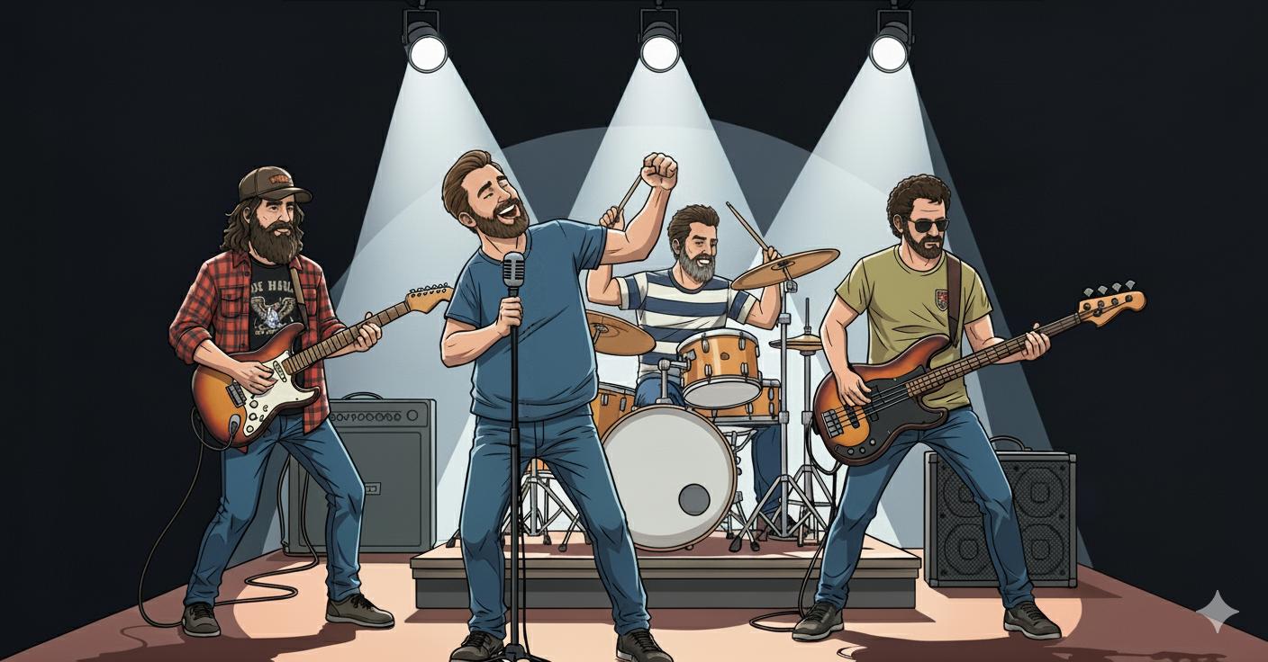 AI skapad Illustration av ett rockband bestående av fyra män. The Golden Age of Rock & Roll
