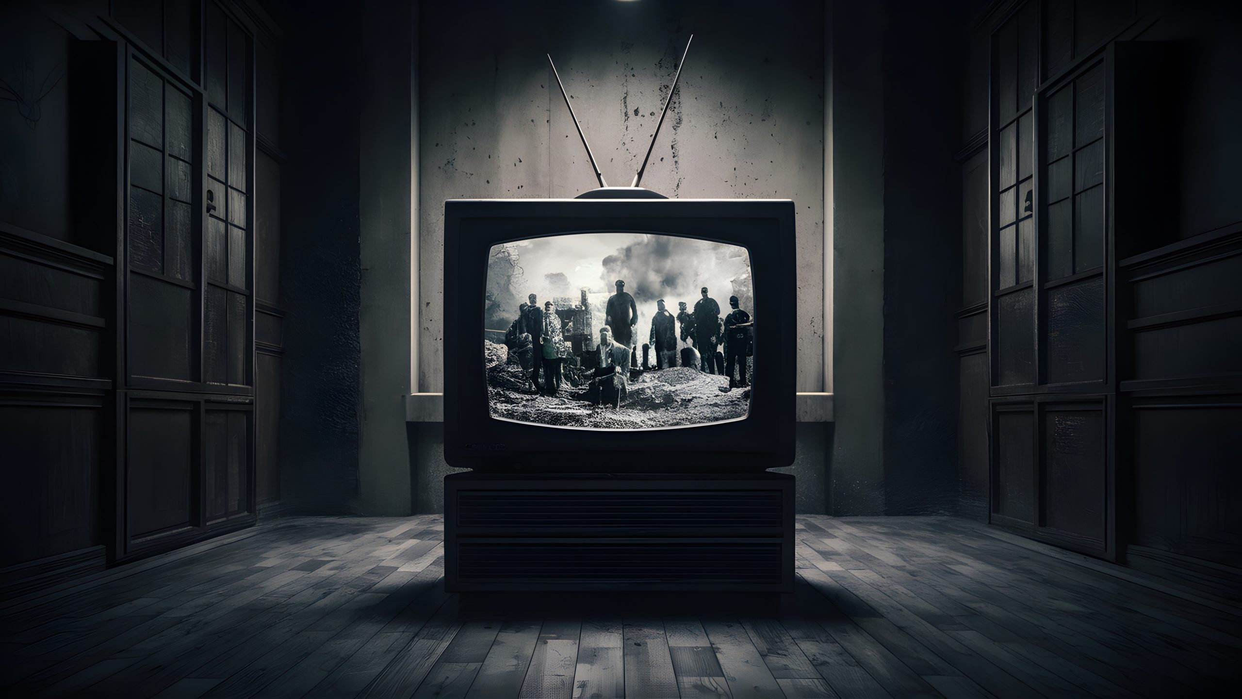 En retro tv som visar en skräckfilm i ett mörkt rum.