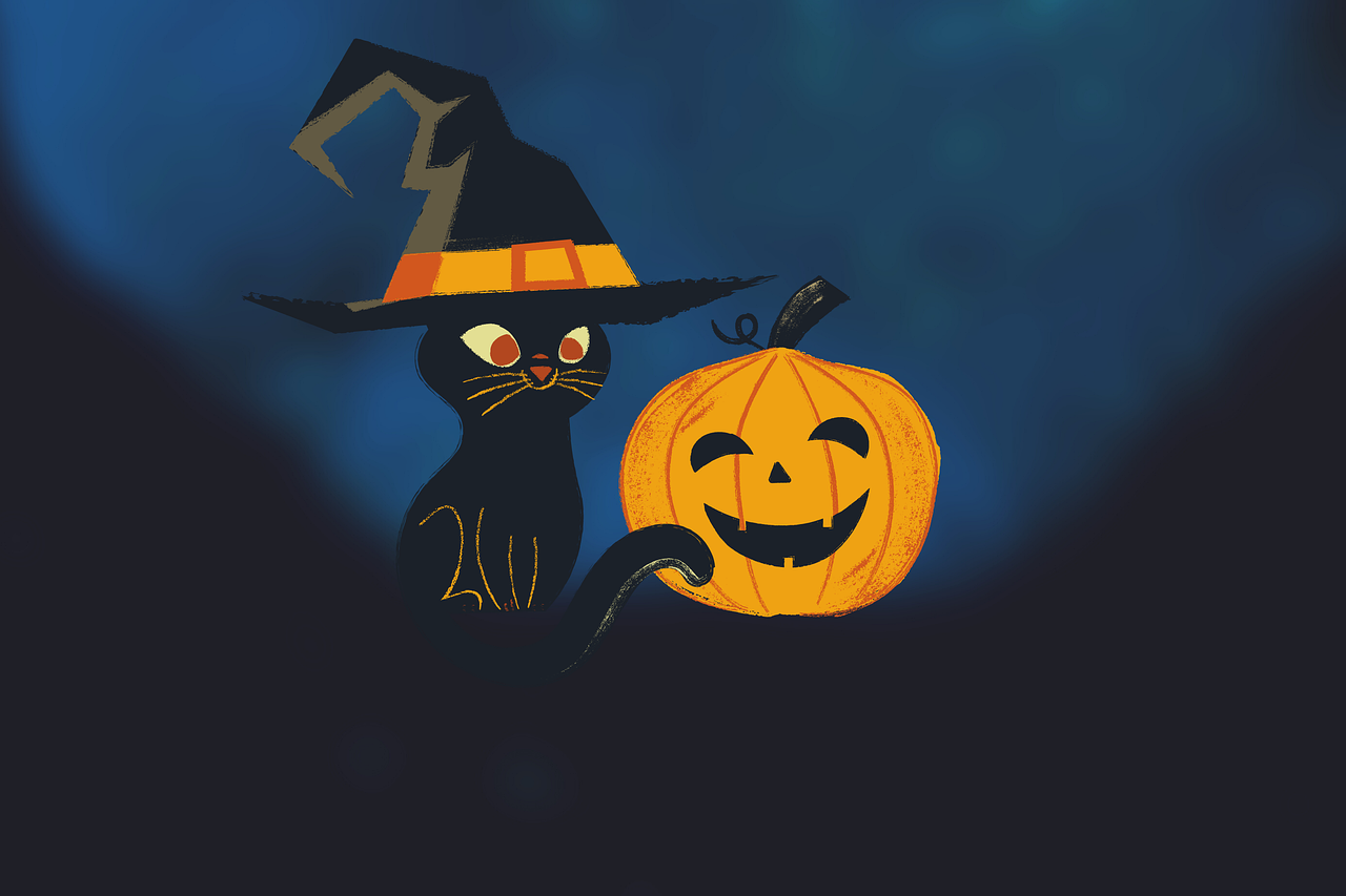 Tecknad bild på en halloween-katt och pumpa