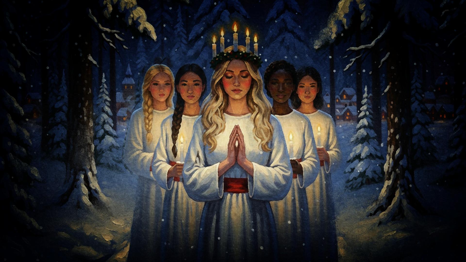 Lucia med tärnor i en skog