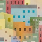 Dekorativ bild i naivstisk modern stil föreställande stadsområde med byggnader.