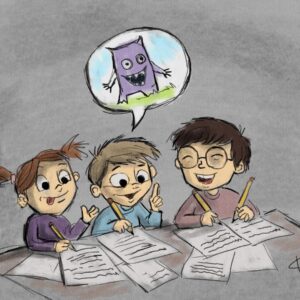 teckning på barn som sitter vid ett bord och skriver