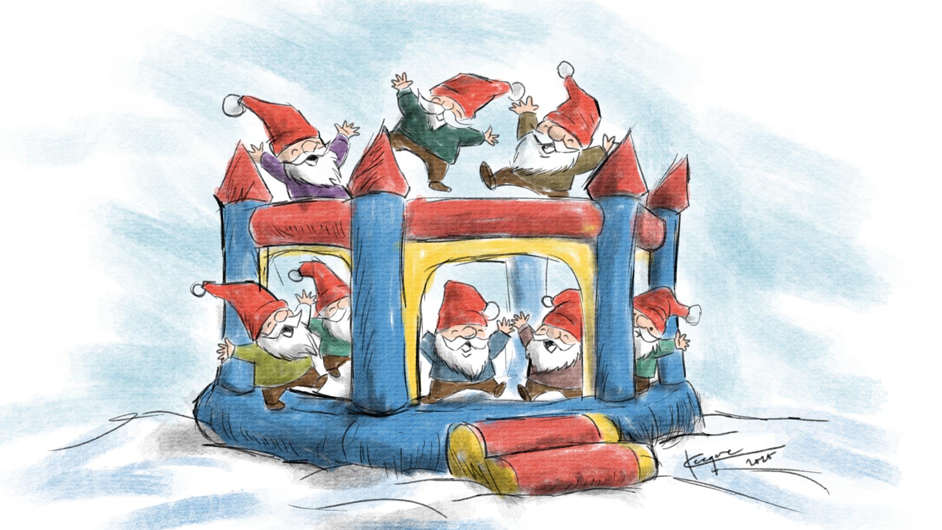 små tomtar som hoppar i en hoppborg