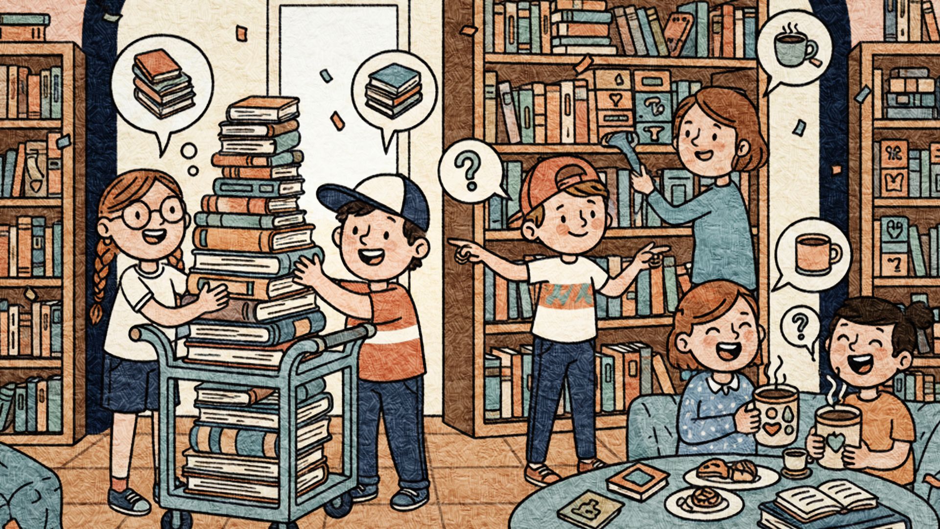 Teckning på barn som testar på att vara bibliotekarie