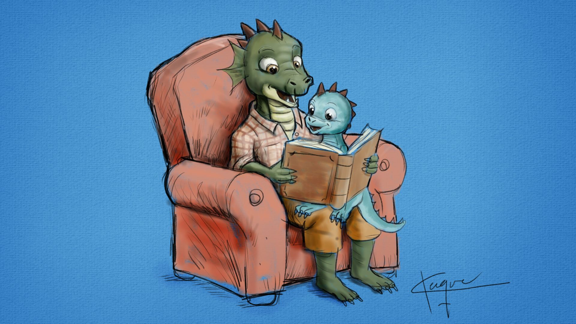 En drakpappa läser sagor för sitt lilla drakbarn