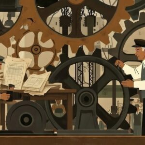 AI genererad illustration i gammal stil på arbetare och dokument i en fabrik med kugghjul i bakgrunden.