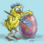 Knasig bild på en påskkyckling med basker på huvudet som målar ett påskägg. Påskbasar