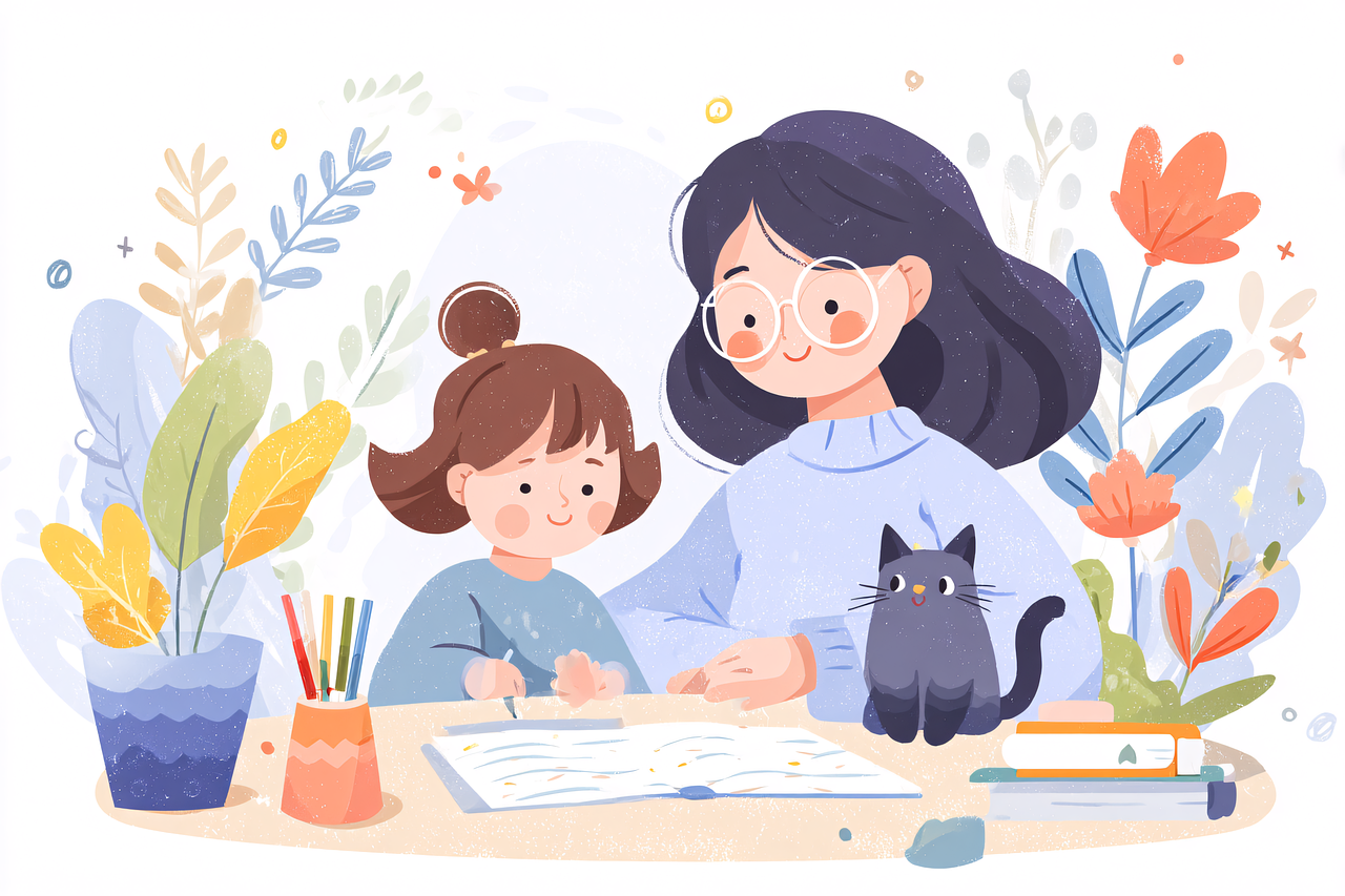 Illustration av en vuxen och ett barn som sitter vid ett skrivbord och studerar.