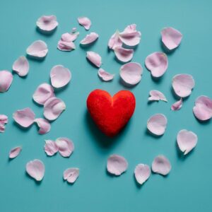 Ett mjukt rött hjärta i mitten och rosa blomblad runtomkring ligger på en himmelsblå bakgrund.