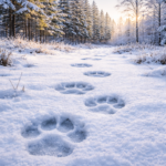 Rovdjursspår i snötäckt vinterlandskap.