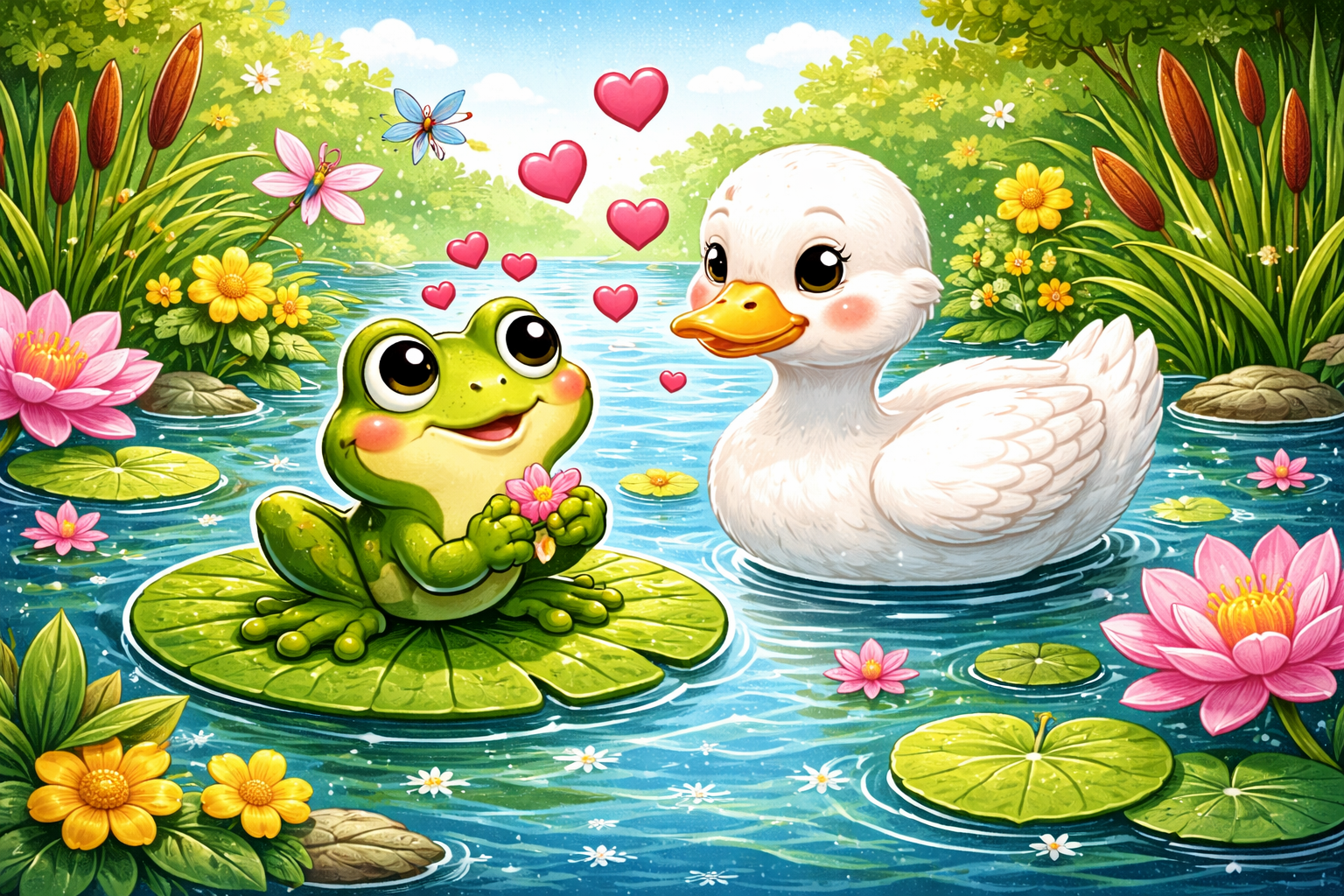 En animerad bild av en groda och anka i en sjö omringad av växter och blommor och det är några hjärtan mellan de.