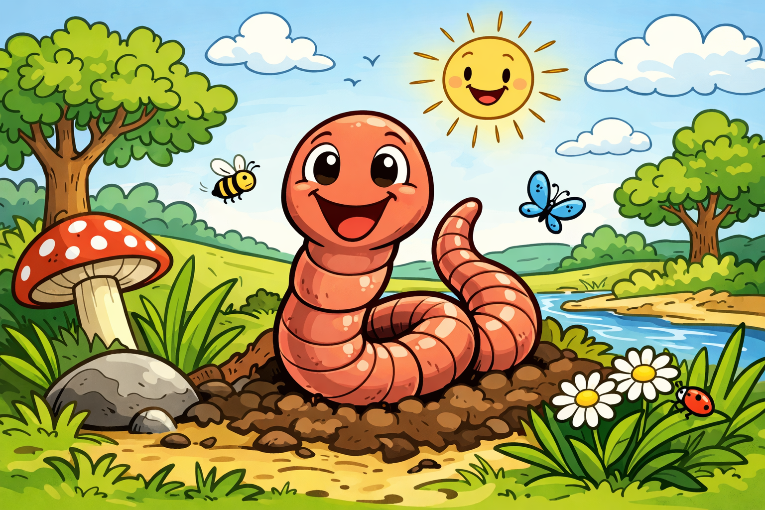 En tecknad bild på en daggmask, med en sol i bakgrunden samt blommor.