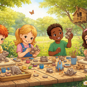 Bilden är en animerad bild på fyra barn som sitter utomhus och sysslar på drejning.