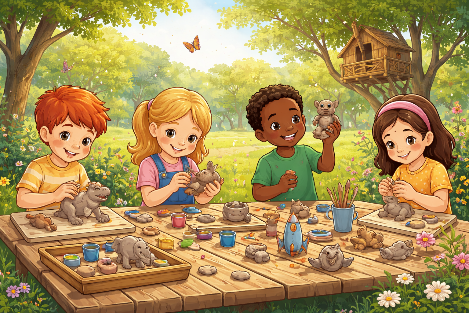 Bilden är en animerad bild på fyra barn som sitter utomhus och sysslar på drejning.