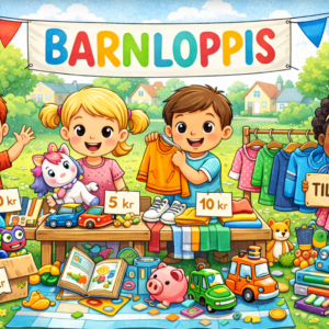 Animerad AI-genererad bild på barn som står och säljer sina leksaker och andra prylar med en skylt bakom dem där det står "Barnloppis".