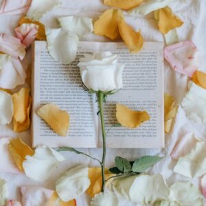 Poesibok som ligger uppslagen på ett vitt lakan. En vit ros ligger på boken och runtomkring ligger gula, rosa och vita rosblad utspridda.