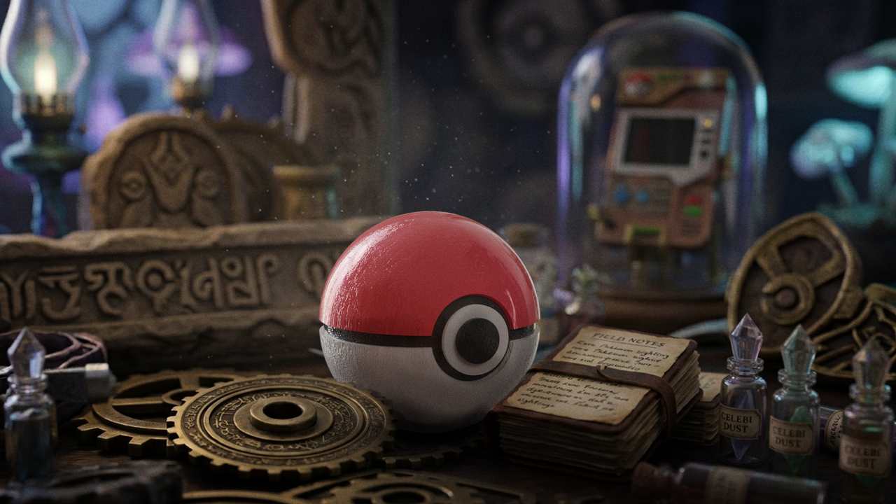 en pokemonboll ligger på ett bord med gamla böcker, kugghjul och en märklig handhållen spelkonsoll under en glaskupa i bakgrunden.