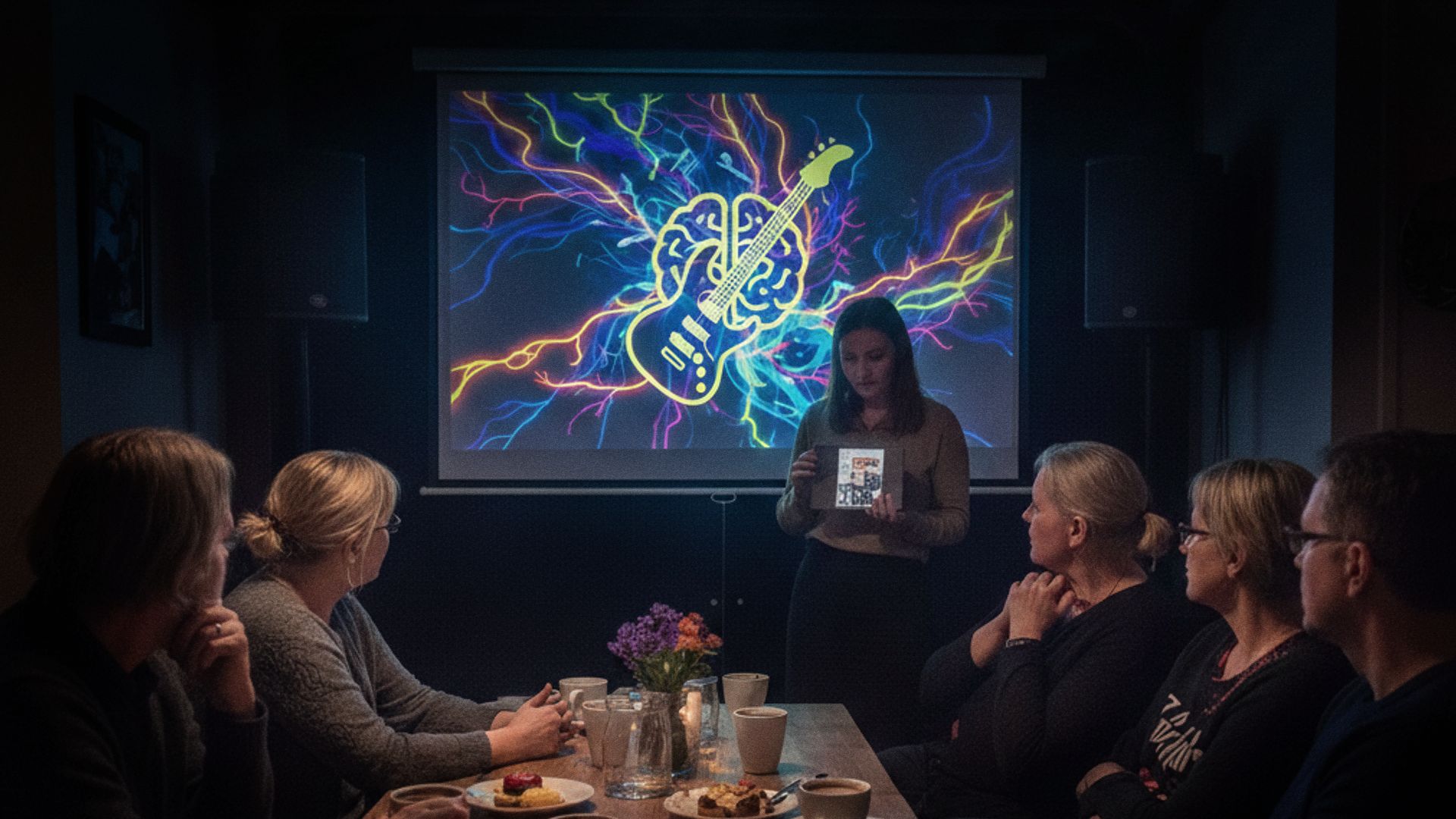 Personer sitter runt ett bord och tittar på en föreläsare framför en bildskärm