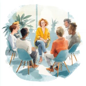 tecknad bild av folk i en samtalsgrupp