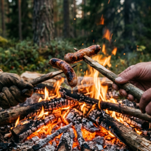 Närbild på korv som grillas över en eld i skogen. Grillkväll med almunge församling
