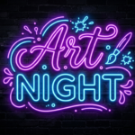 Bild på text där det står "Art night" i lila och blått över en svart bakgrund.