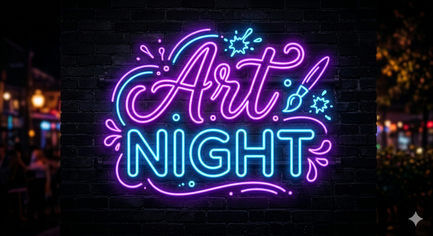 Bild på text där det står "Art night" i lila och blått över en svart bakgrund.