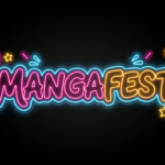 Bild på en text där det står "Mangafest" i lila och gult på svart bakgrund.