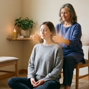 En person utför en healingbehandling på en annan person, de båda sitter ned.