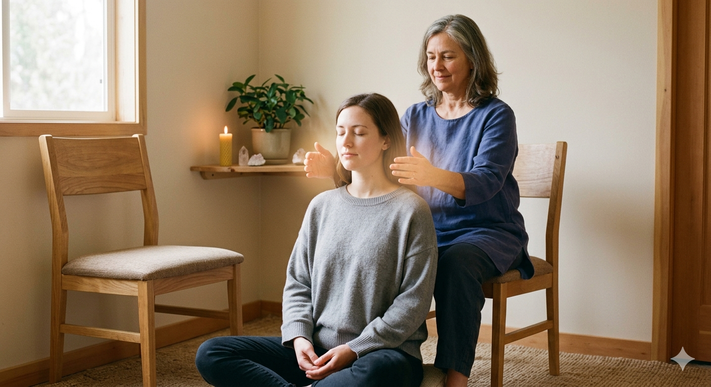 En person utför en healingbehandling på en annan person, de båda sitter ned.