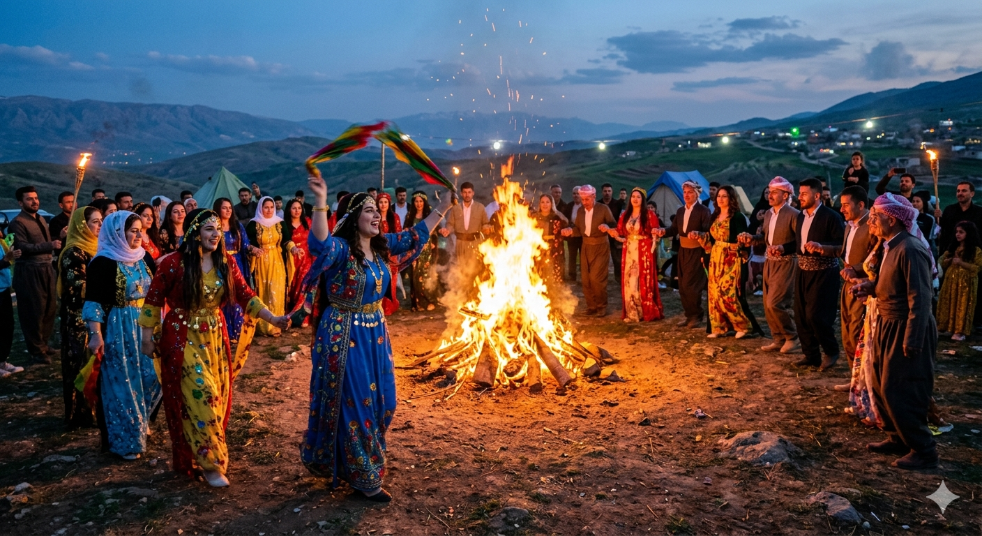 Bild på människor i färgglada kläder och dansar runt en brasa för att fira kurdiska nyåret Neworz.