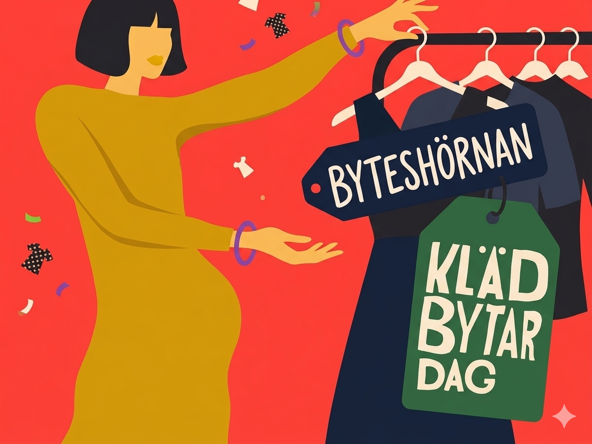 Animerad bild på en kvinna som pekar mot några kläder som hänger vid en skylt där det står "Byteshörnan och Klädbytardag".