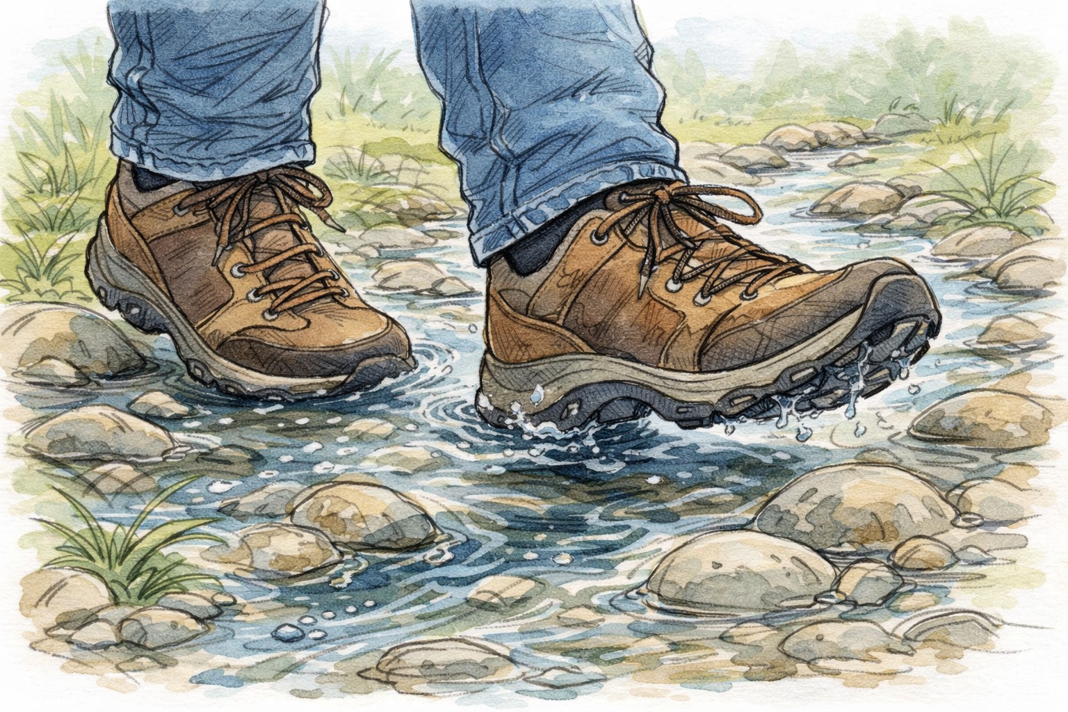 Teckning av ett par kängor som går över en vattenpöl i skogen.