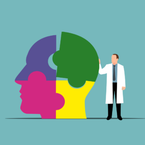 En illustration som visar en profil av ett mänskligt huvud utformat som ett pussel i fyra färger (lila, grön, rosa och gul). En person i vit läkarrock står bredvid och håller på att passa in den sista gröna pusselbiten i bakhuvudet.