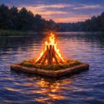 AI-genererad teckning i färg av en majbrasa som flyter på en sjö.