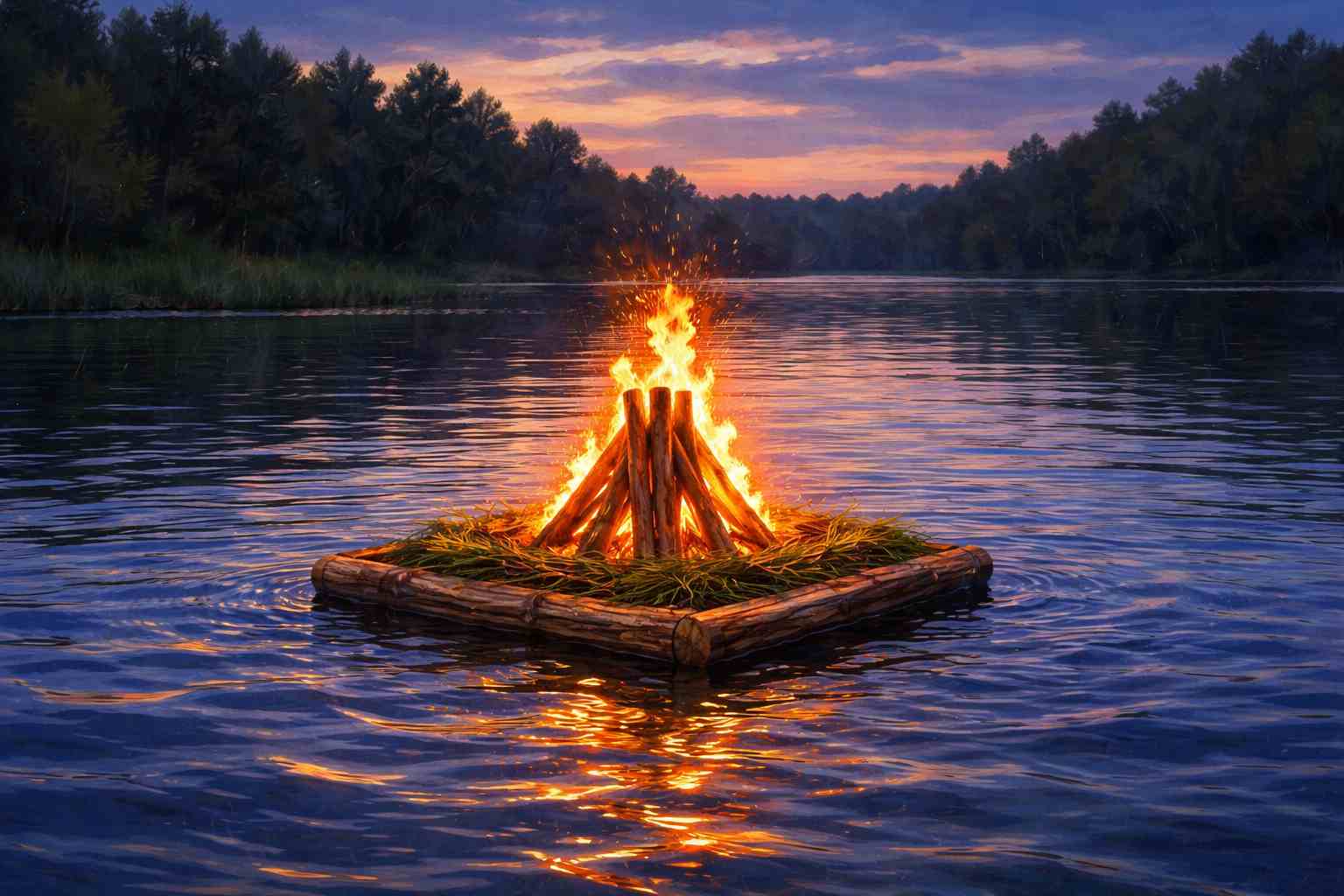 AI-genererad teckning i färg av en majbrasa som flyter på en sjö.