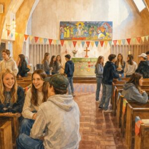 AI genererad akvarell på ungdomar som hänger i Salabackekyrkan.